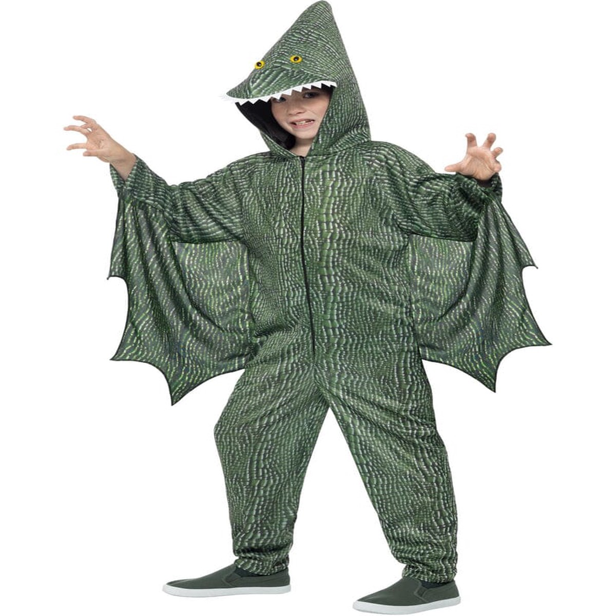 Smiffys Pterodactyl Dinosaur Costume, Green with Hooded Jumpsuit & Attached Wings, Children's Animal Fancy Dress, Animal Dress Up Costumes