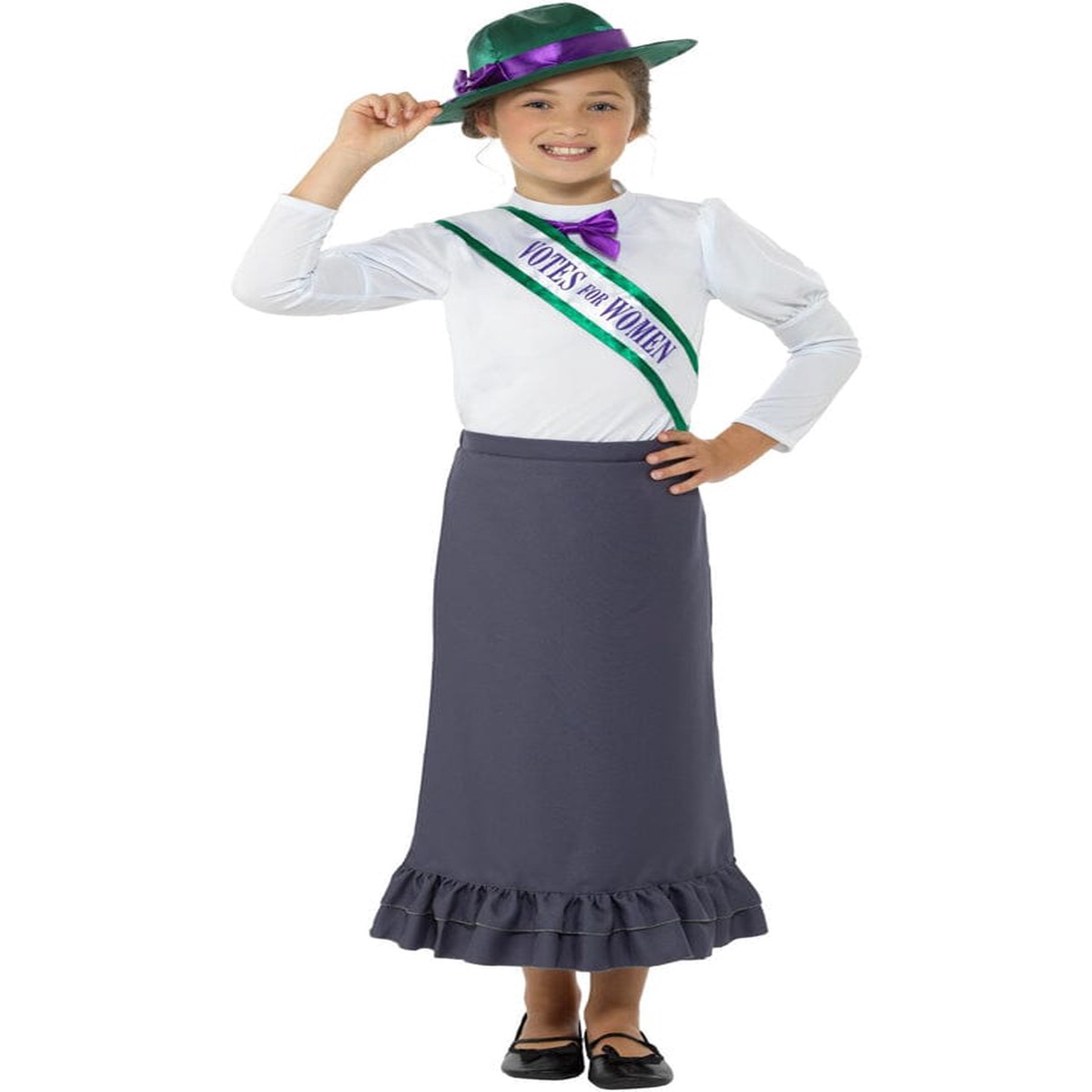 Smiffys Victorian Suffragette Costume, Grey with Skirt, Attached Blouse, Sash & Hat, Girls Fancy Dress, Child Dress Up Costumes