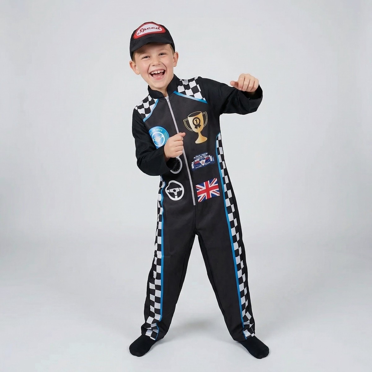 Smiffys Racing Driver Costume with Jumpsuit & Cap, Boys Fancy Dress, Child Dress Up Costumes