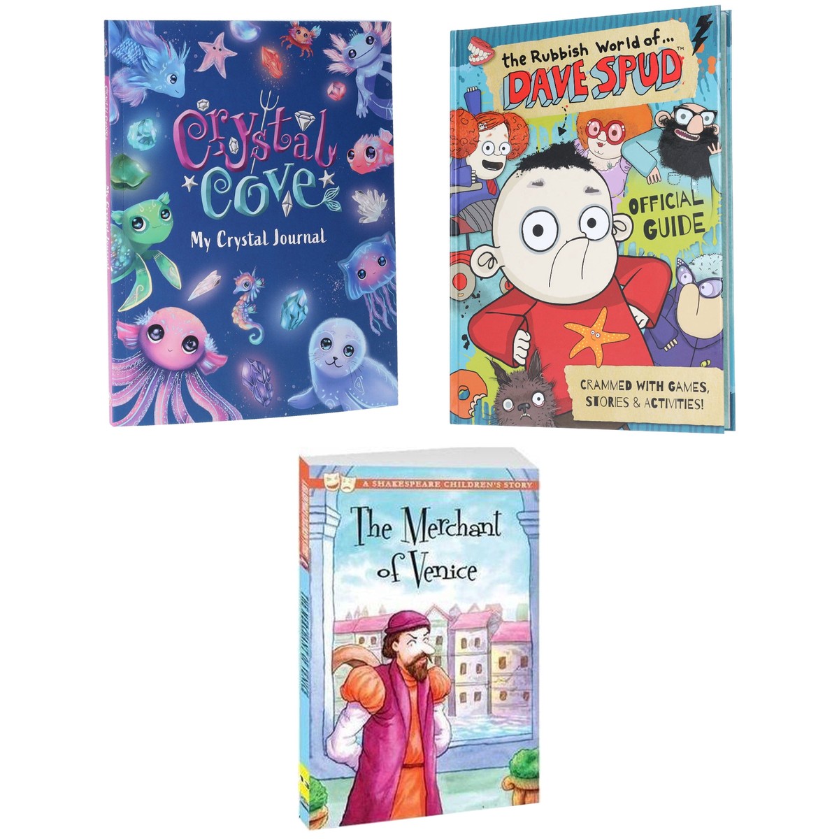 Merchant of Venice: A Shakespeare Children's Story, Rubbish World of Dave Spud Official Guide & Crystal Cove Journal: 3 Books Collection Set - Ages 7-9 - Hardback/Paperback