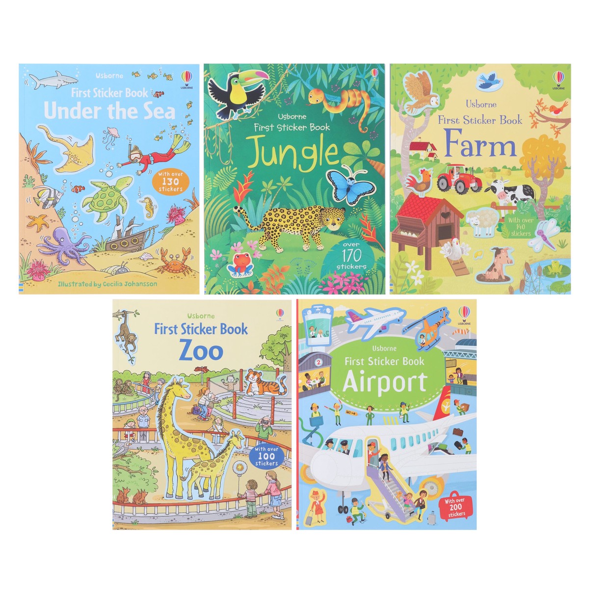 Usborne First Sticker Books: (Zoo, Farm, Airport, Jungle & Under the Sea) 5 Books Collection Set - Ages 2+ - Paperback